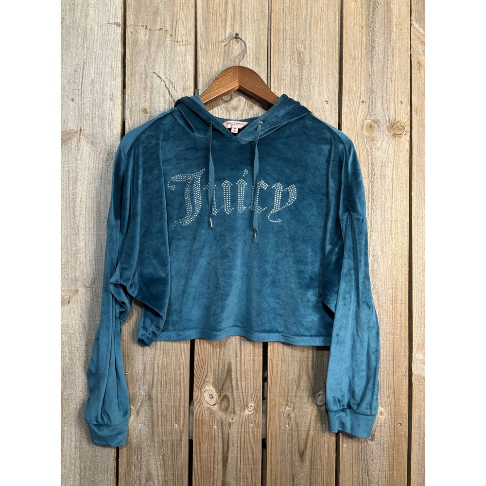 Juicy Couture Velour Cropped Hoodie Teal Blue Rhinestone Logo Womens Medium